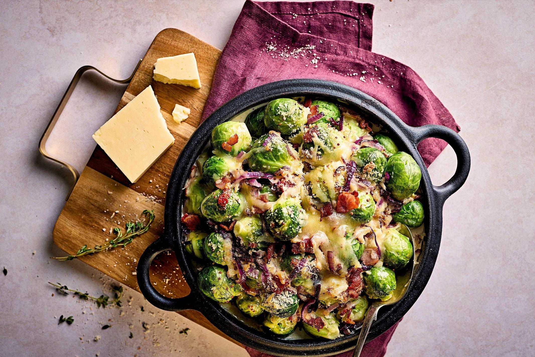 Cheesy Sprout & Bacon Gratin